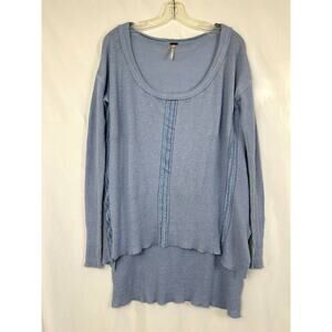Free People Sweater Women's Medium Blue Ribbed Lace Trim‎ Scoop Neck Long Sleeve